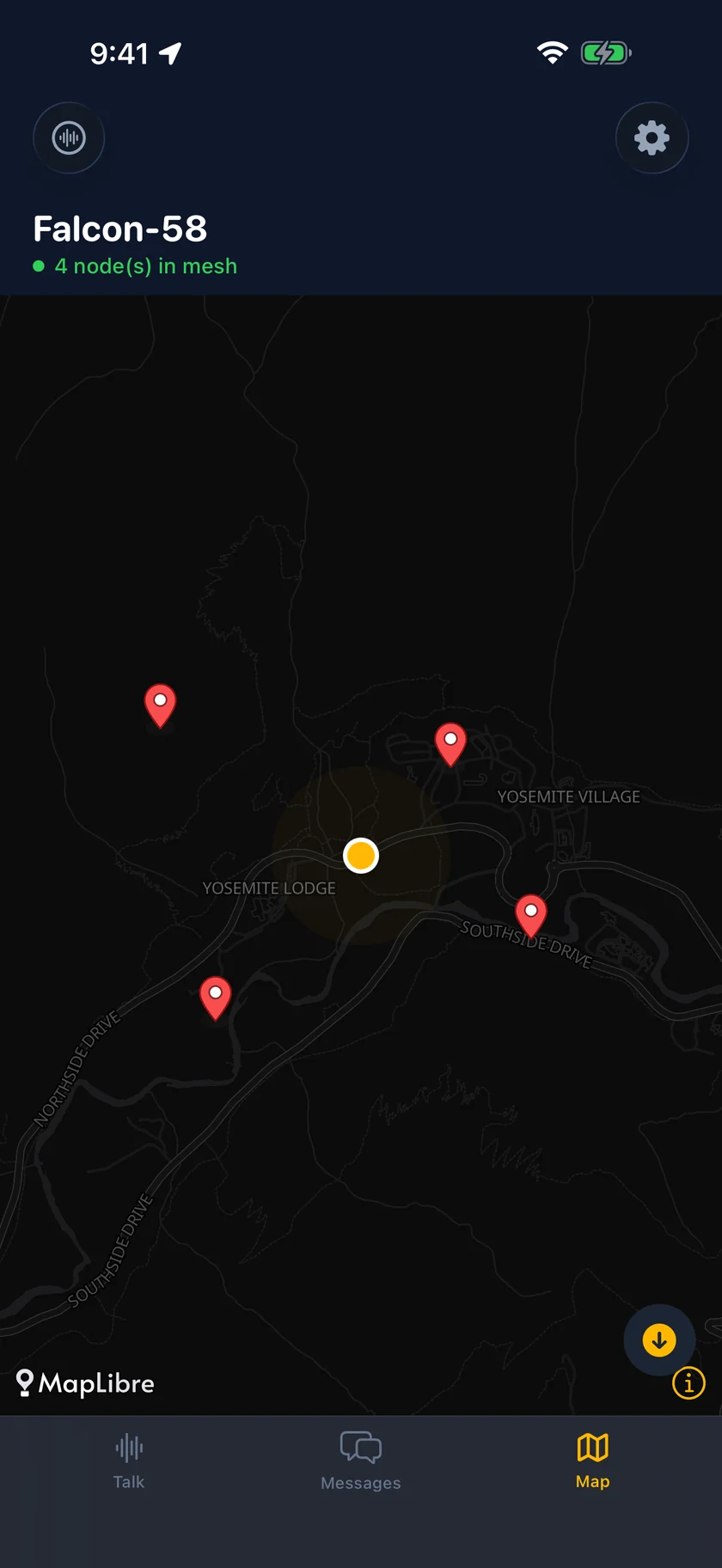The ChirpChirps map screen showing nearby peer positions on a downloaded offline map.