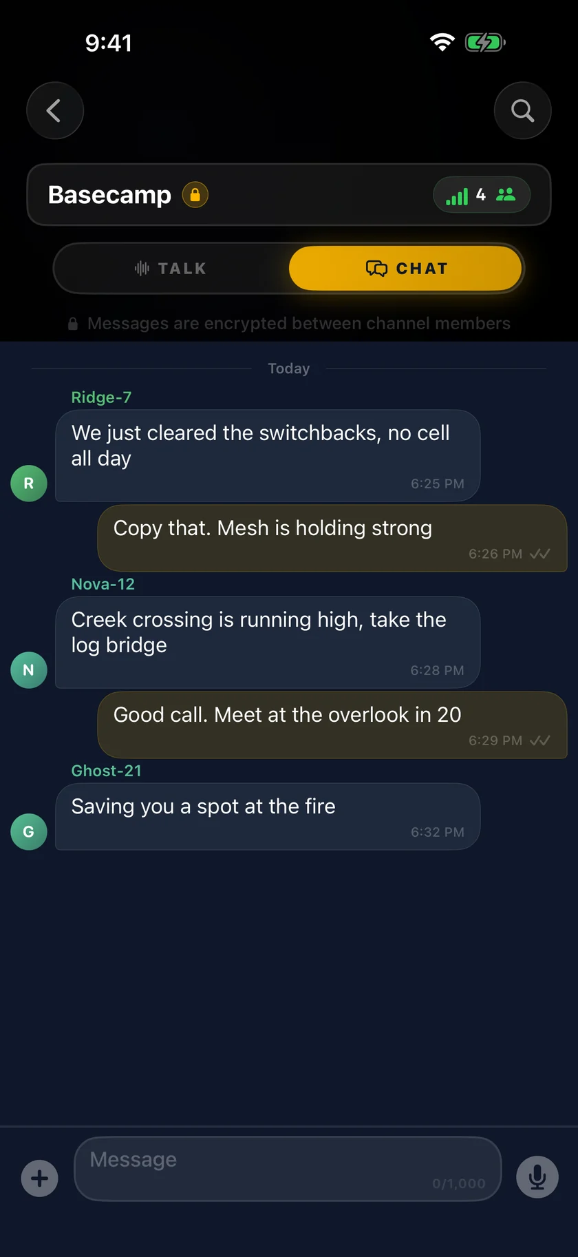 The ChirpChirps chat screen showing encrypted text messages between peers on a channel.