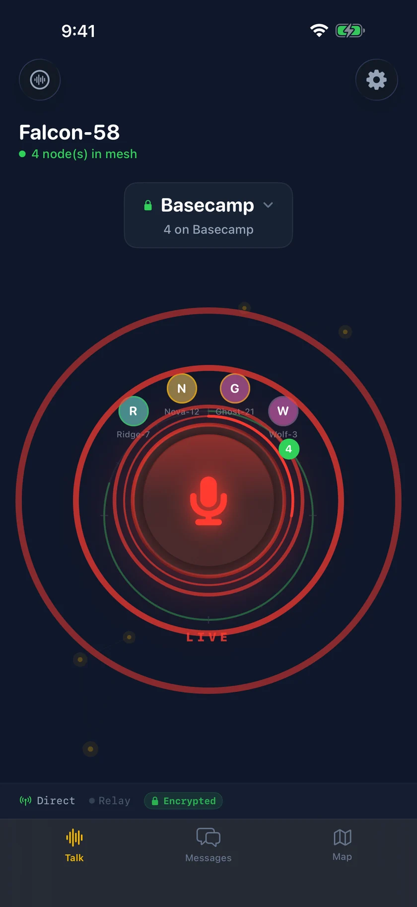 The ChirpChirps talk screen: a push-to-talk button ringed by four nearby peers on the Basecamp channel.